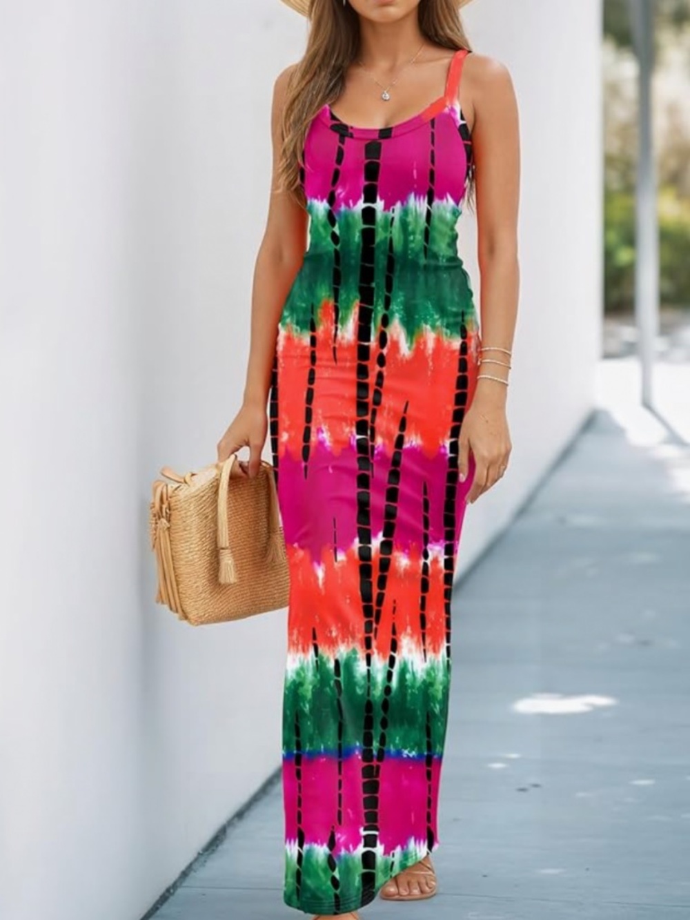 Effortless sleeveless maxi dress bold print. Lightweight, breathable fabric for